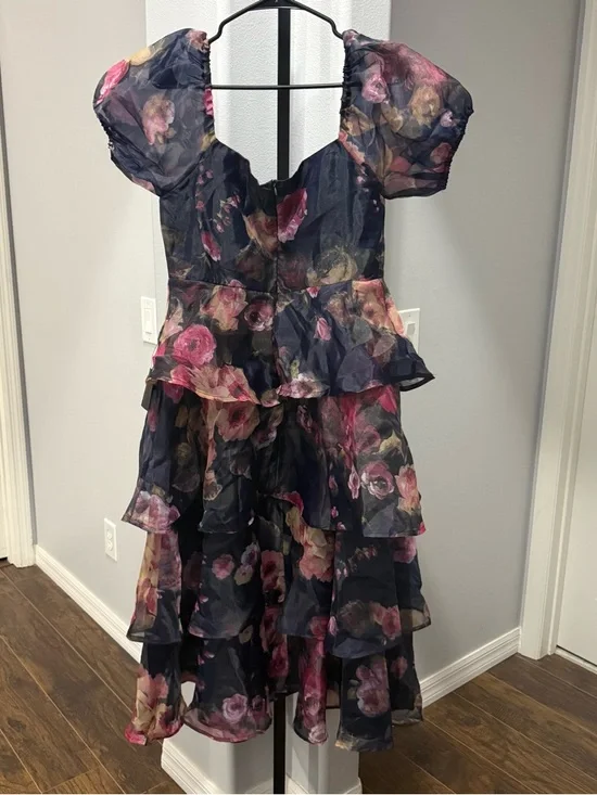 Lulus Oh-So Stunning Navy Blue Floral Organza Tiered Midi Dress Size Large - Picture 6 of 6